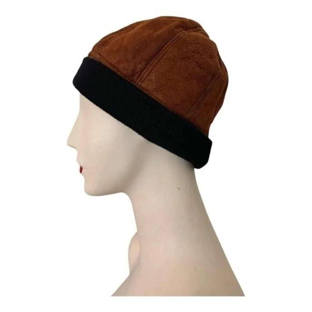 Women’s Genuine Leather Fur Beanie Winter Hat Brown Black Excellent One Size